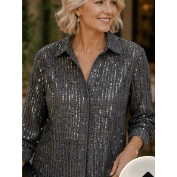 Anthropologie Tops - Anthropologie Maeve Black Sequin Button Front Shirt M